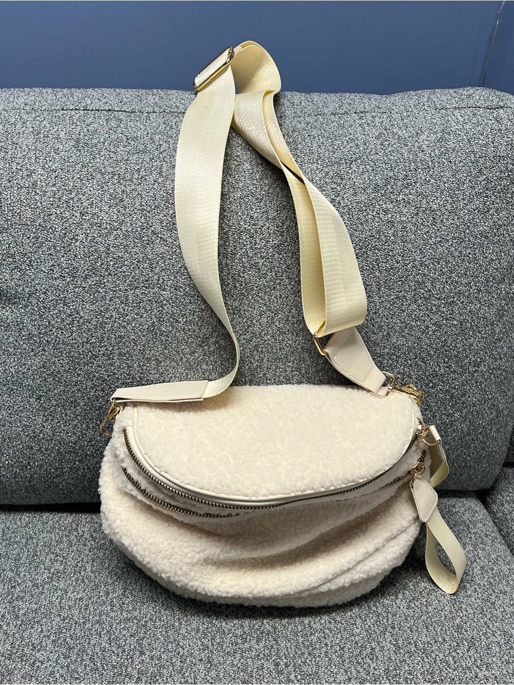 Cream Sherpa Crossbody Bag with Wide Adjustable Strap
